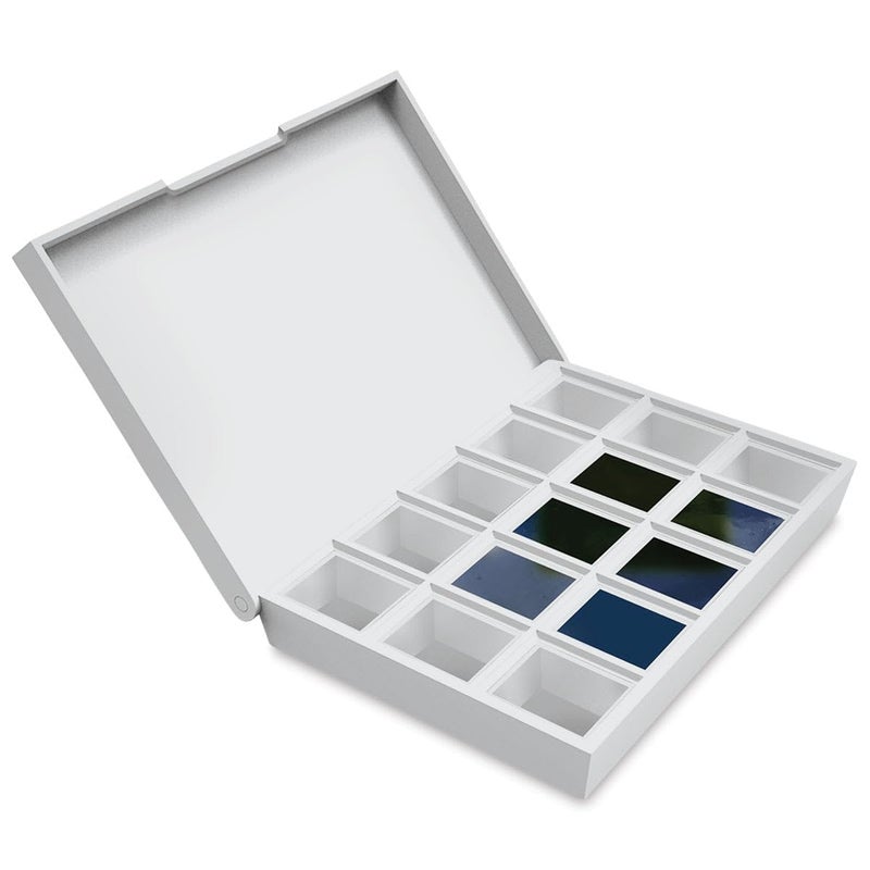 Daniel Smith Hand Poured Watercolor, Half Pans, Blues Set with 6 Watercolor Half Pans, 9 Empty Half Pans, 1 Plastic Travel Case (Total 16 Pieces) 285650004 - Image 1